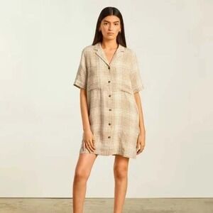 Everlane Linen Gingham Collared Button Front Shirt Dress Beige Women's Size XS
